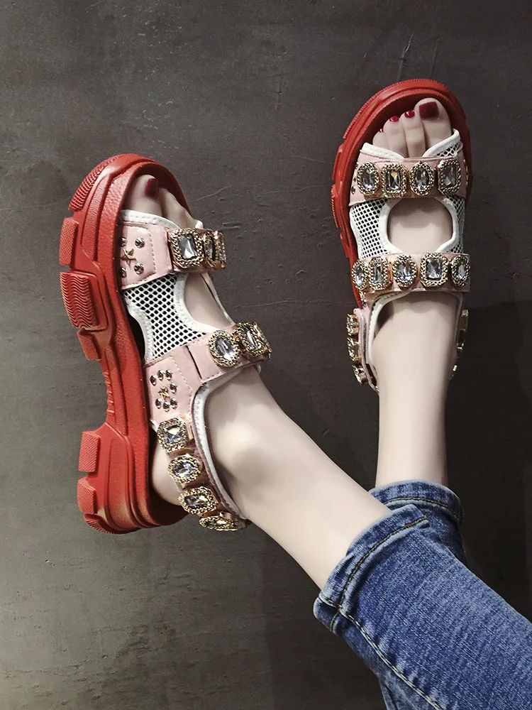 

2019 Man-made Diamond Thick Bottomed Summer Velcro Sandals Student Versatile New Style Network Red Fire Front & Rear Strap