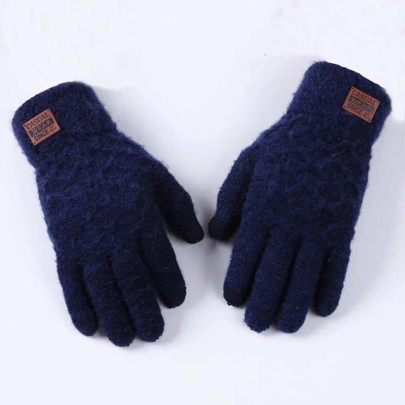 navy blue Зимние мужские вязаные перчатки с сенсорным экраном, женские перчатки, утепленные, теплые, мягкие, тянущиеся вязаные рукавицы, дамские, Guantes - Цвет: navy blue