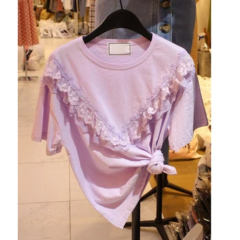 

2020 Spring and Summer New Style Pink T-shirt Women's Lace Joint Short Sleeve Loose-Fit Slimming Fashion Tops Tshirt T Shirts
