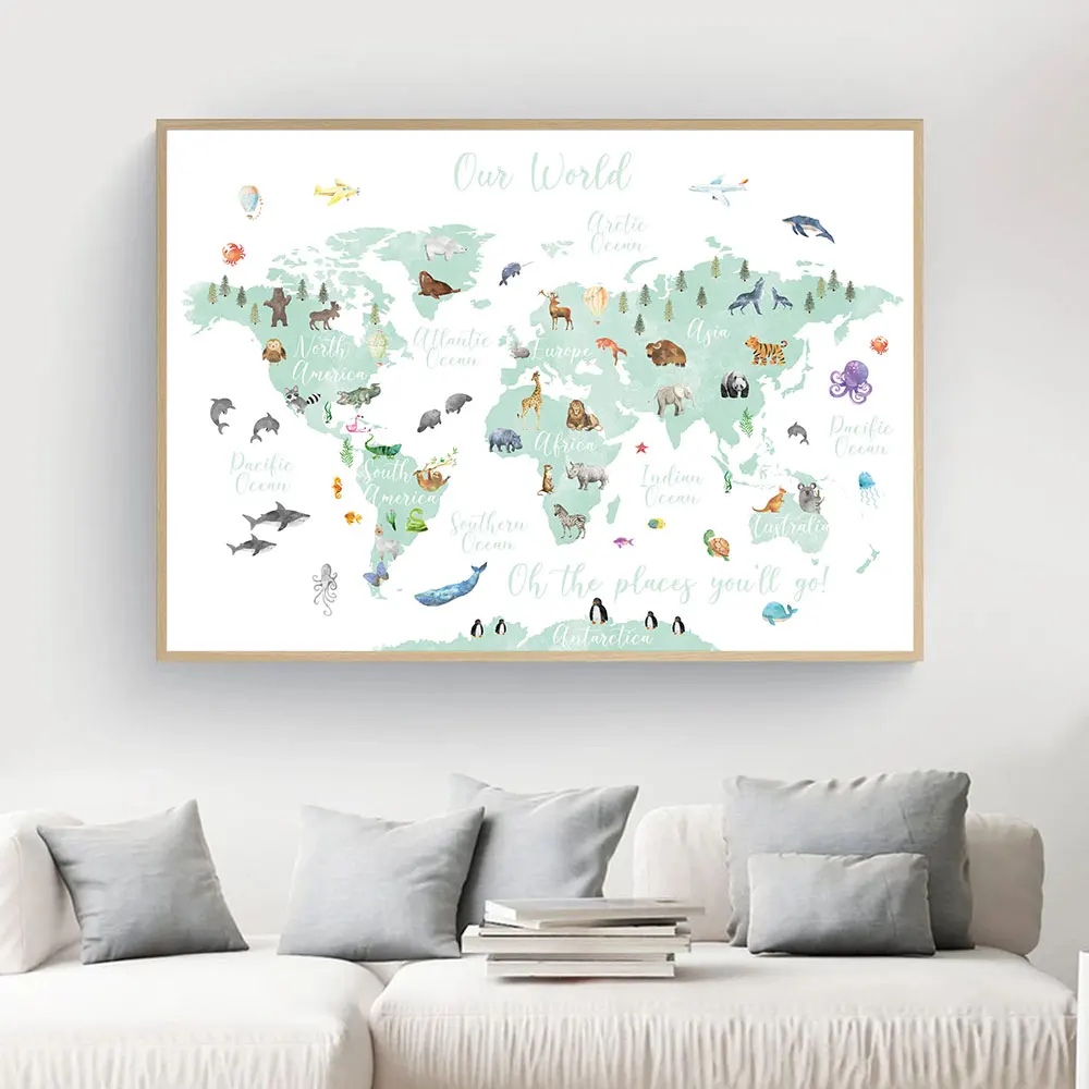 Мультфильм животных карта мира Картина детей Плакат Детская Wall Art Печать холст