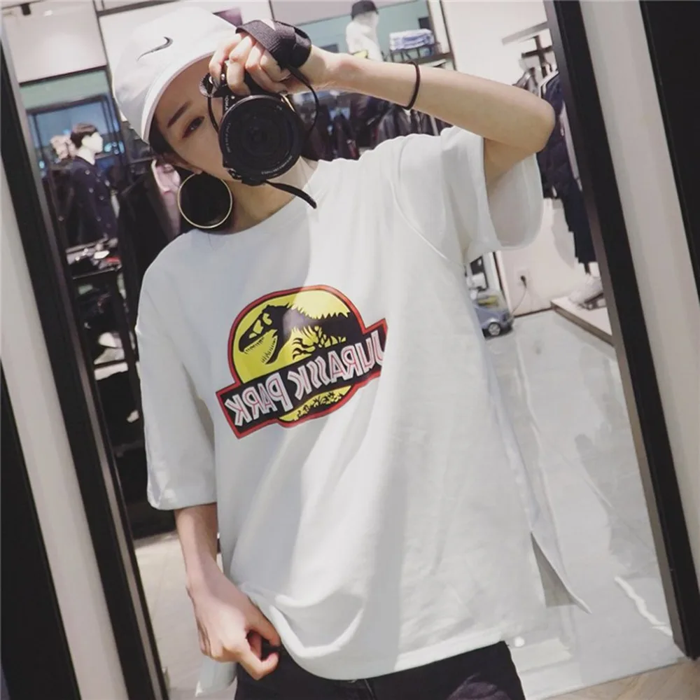 Summer Women Funny Tshirts Dinosaur Pattern Letter Print Cotton Short Sleeve Female Tee Tops Casual Loose Type Top Shirts