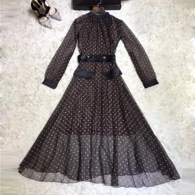 GoodliShowsi осень Artsy женское элегантное платье Сетчатое платье в горошек с круглым вырезом и длинным рукавом принцесса ТРАПЕЦИЕВИДНОЕ ПЛАТЬЕ+ жилет-комбинация