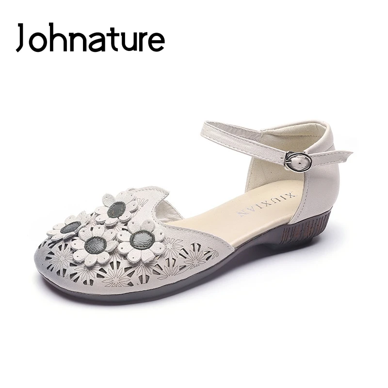 Johnature Genuine Leather 2021 New Summer Sandals Retro Buckle Strap Flower Wedges Casual Hollow National Style Women Shoes | Обувь