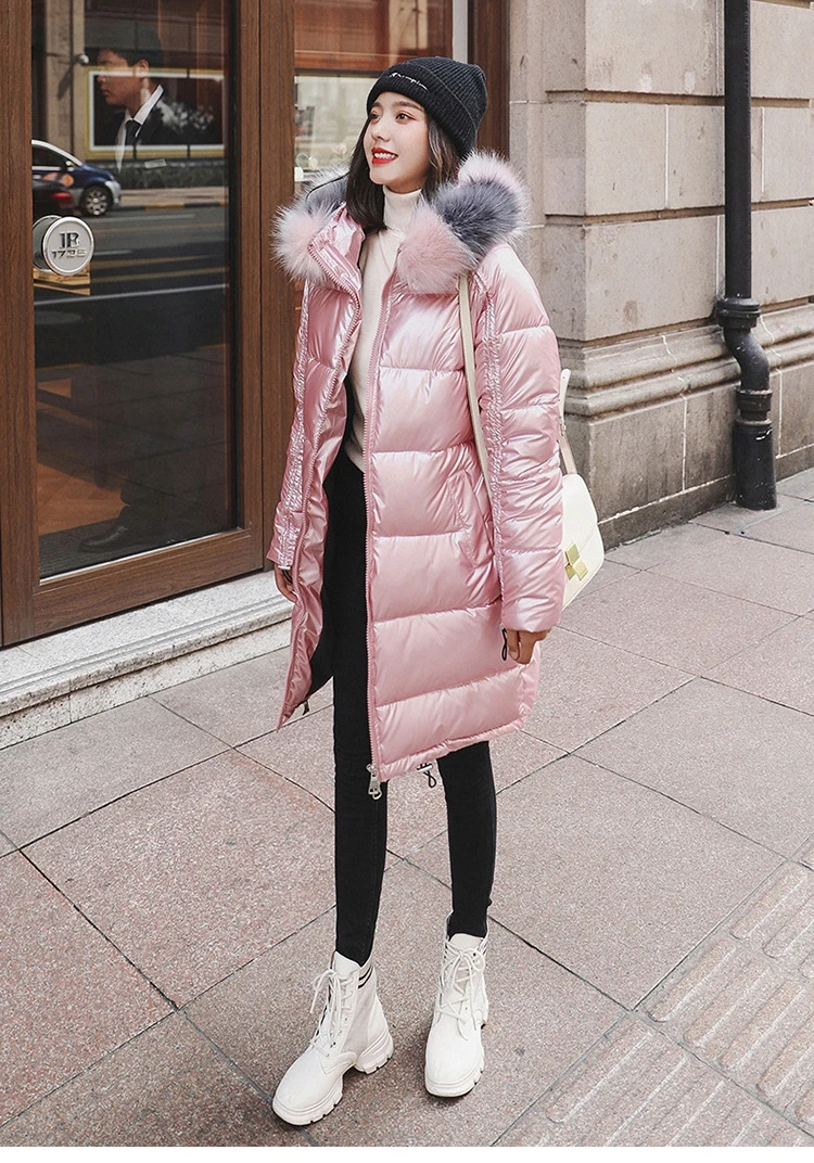 New Fashion Waterproof Glossy Down Parkas Womens Winter Jackets Warm Big Fur Collar Windproof Ladies Medium Long Hooded Coats