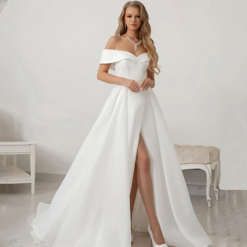 

Сексуальные свадебные платья с открытыми плечами, свадебное платье с коротким шлейфом, атласные платья-трапеции с высоким разрезом, свадебные вечерние платья