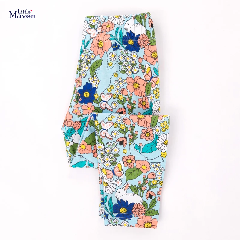 

Little Maven New Spring Autumn Children Cute Blue Floral Rabbit Printed Basic Quality Cotton Knitted Girls Casual Pants