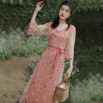 

artistic hipster new mesh summer embroidered dress improved cheongsam skirt fairy skirt