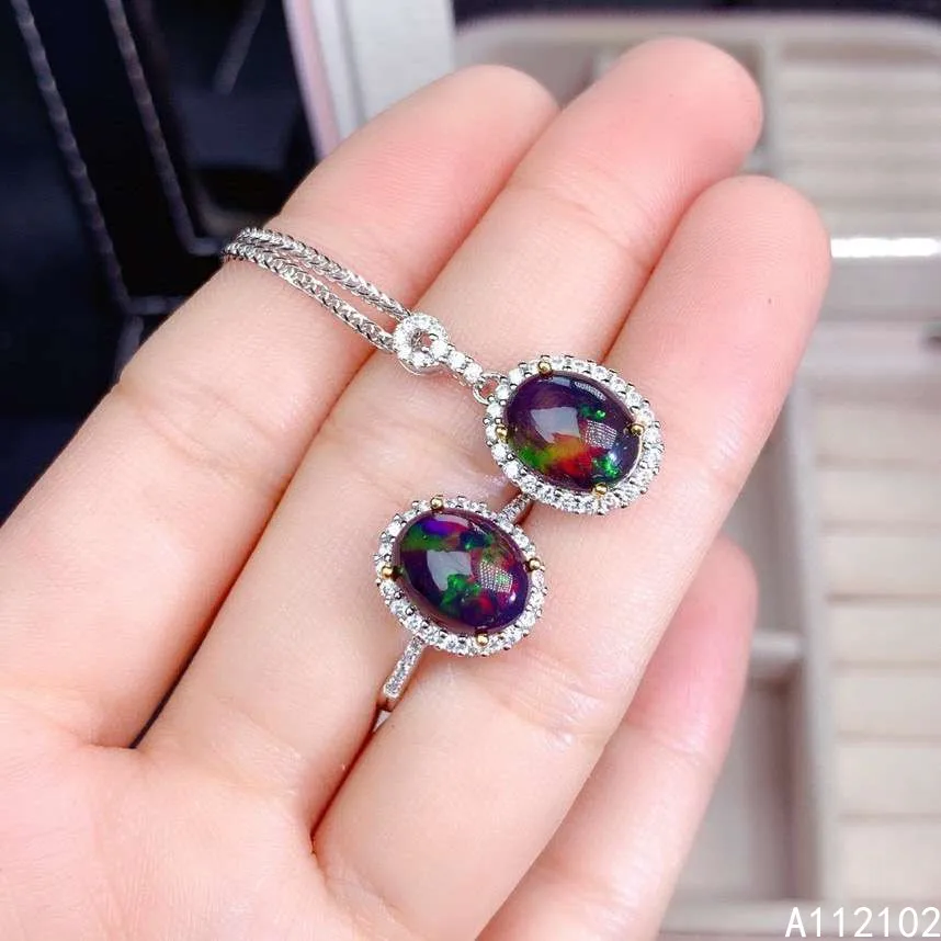 

KJJEAXCMY fine jewelry 925 sterling silver inlaid natural black opal luxury girl ring pendant suit support test Chinese style