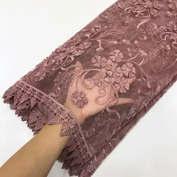 

Pink 2019 Luxury French Lace Fabric High Quality African Nigerian 3 D Flowers Flower Embroidered Tulle Lace Fabric For Wedding