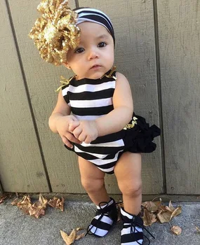 

Hot Selling Childrenswear Baby Girls Stripes Halter Romper + Hair Band Infants Childrenswear One-piece Romper Crawling Clothes I