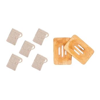 

5 Pcs Soap Bag, Soap Bags in Cotton and Linen with 2Pcs Natural Wooden Bamboo Soap Box