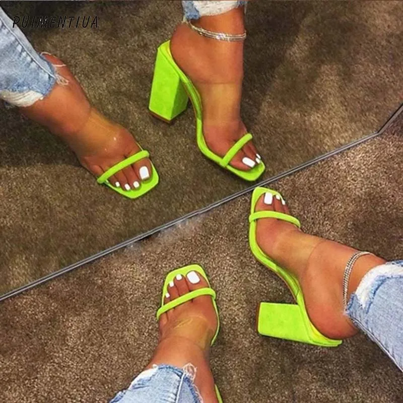 

PUIMENTIUA Women Transparent Sandals Ladies High Heel Slippers Candy Color Open Toes Thick Heel Fashion Female Summer Shoes