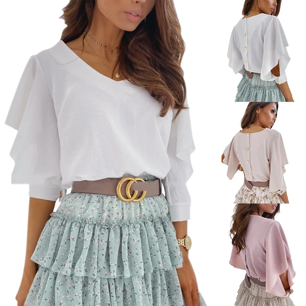 

2020 Ruffle blouse Women Sexy V Neck Shirt Female Casual Solid Sweet Button Ruffle Chic Tops Lady Blusas D30