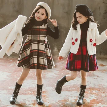 

children clothes meisjes kleding girls clothing sets 2 piecse winter dress +faux fur coats 2019