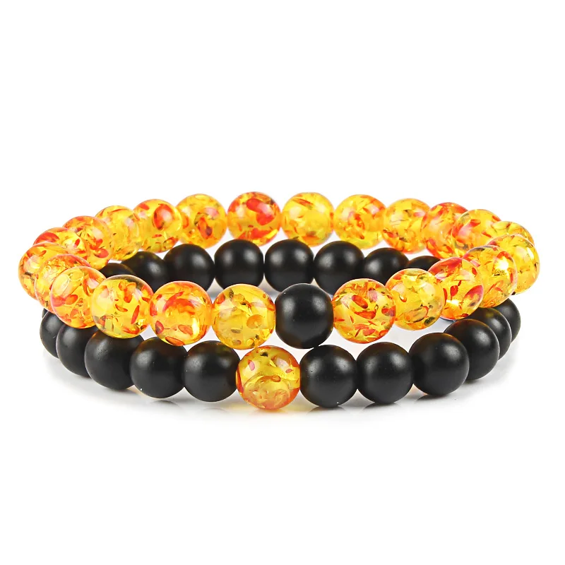 Amber black 2 шт./компл. Парные браслеты тигровый глаз камень браслет классический Натуральный камень янтаря черная матовая искусственная кожа с Бисер Браслеты Шарм Для мужчин Для женщин - Окраска металла: Amber black