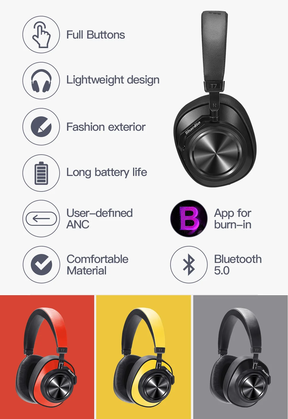 Bluedio T7 Bluetooth Headphones ANC Wireless Headset bluetooth 5.0 HIFI sound with 57mm loudspeaker face recognition for phone