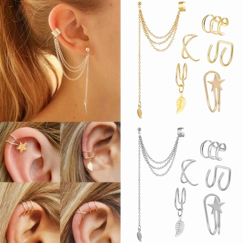 Pendientes geométricos con forma de cruz y hoja de estrella para mujer, aretes, Color dorado, sin Piercing, Clips, joyería