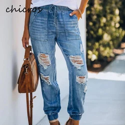 Chicros calças de brim femininas com cintura elástica e cintura alta novo estilo de renda em linha reta para o outono e inverno