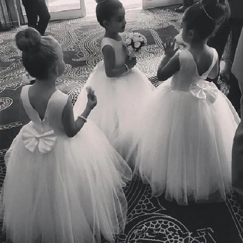 Plain Satin Tulle Flower Girl Dress Small Neck Sleeveless Floor Length Communion Kids Gown with Lovely Bow Open Back | Мать и ребенок