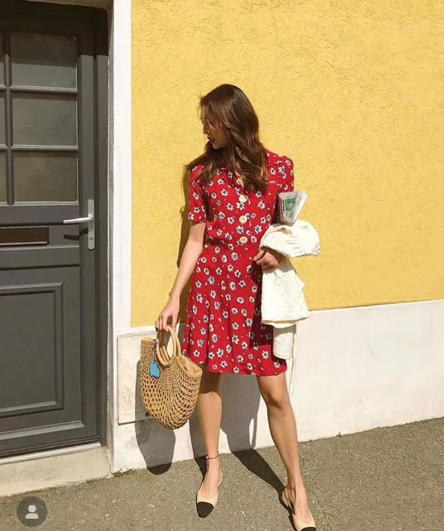 

Women Dress 2019 New Printed Suit Collar Waist Slim Large Button Short Dress