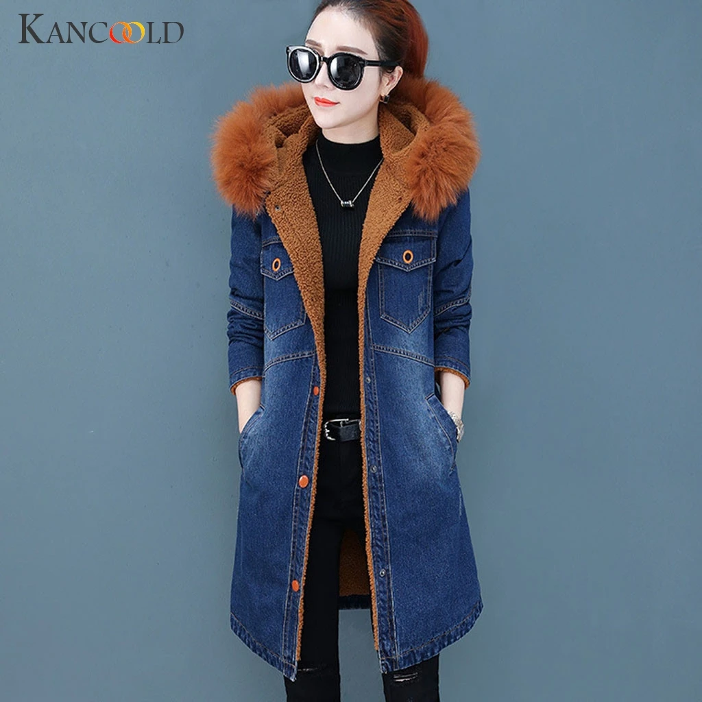 lower price  KANCOOLD coats Winter Warm Women Fluffy Denim Jacket Hooded Long Outwear Overcoat Long Sleeve coats