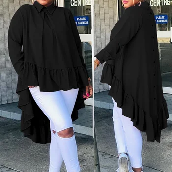 

Celmia Women Asymmetrical Tops 2020 Fashion Solid Back Buttons Ruffles Shirts Long Sleeve Lapel Casual Blouses Ladies Blusas 5XL