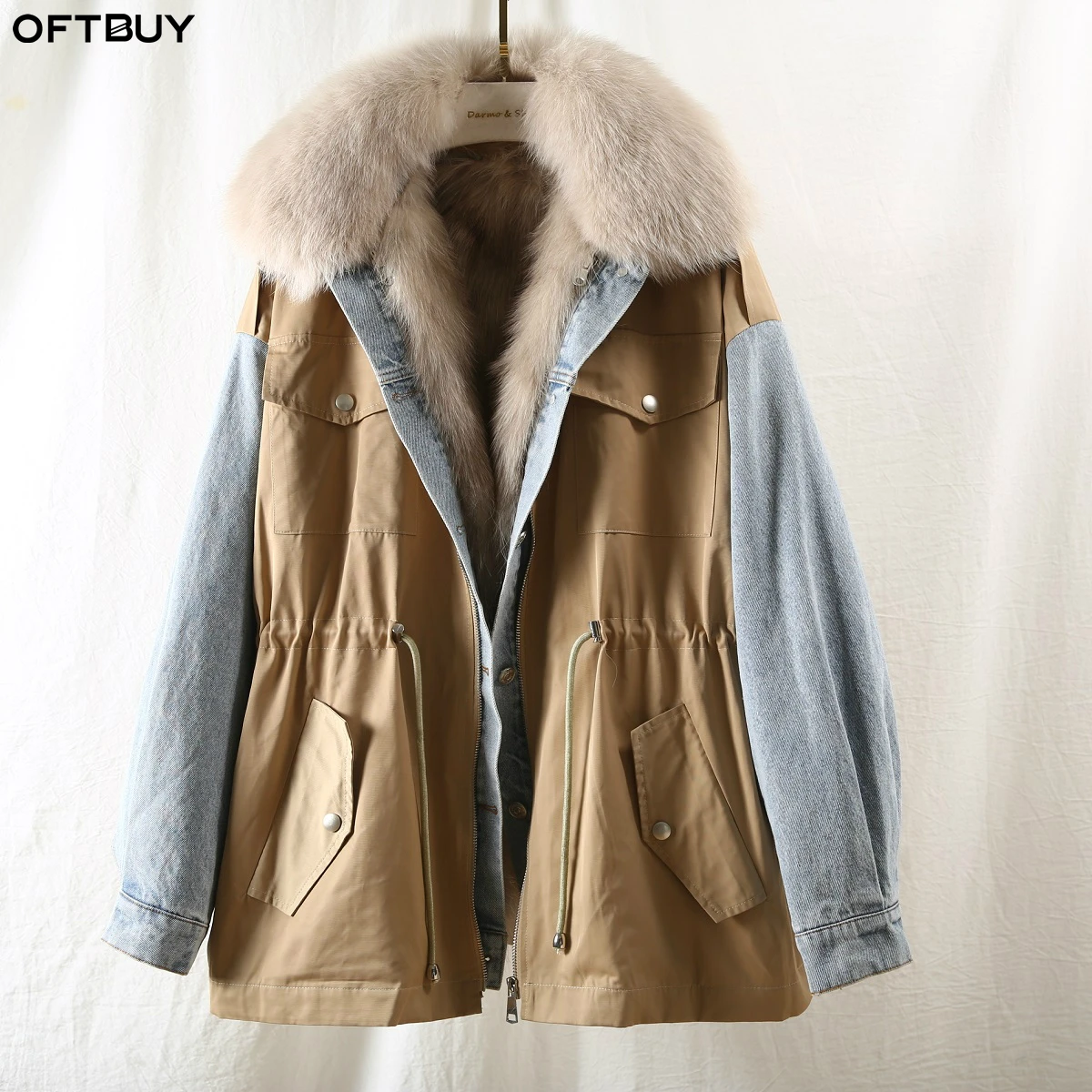 

OFTBUY 2019 Safari Style Denim Patchwork Parka Real Fur Coat Winter Jacket Women Natural Fox Fur Collar and Liner Warm Outerwear