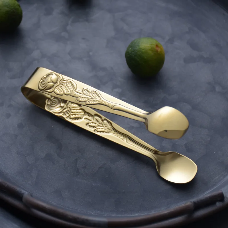 

Vintage Rose Relief Stainless Steel Ice Cube Clips Sugar Tongs Food Clips Cafe Kitchen Serving Tong Barware 1pc New Arrival 2021