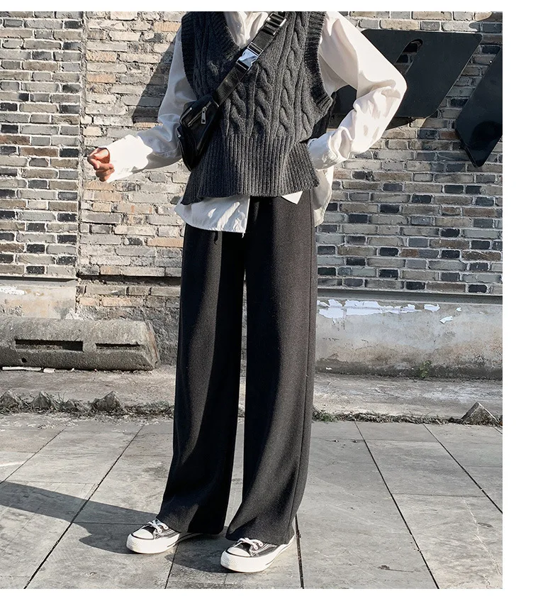 Knitting Wide Leg Pants Women Thickening Elastic High Waist Wool Long Pant Trouser Female Black Gray Casual Loose Bottoms