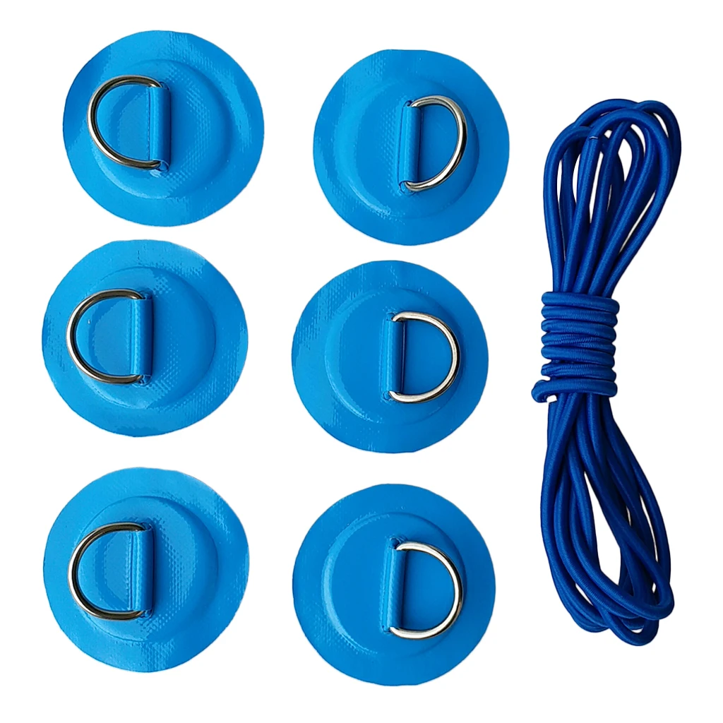 6Pcs Inflatable Boat Kayak SUP D-ring Patch & Elastic Shock Cord Set- 6 Colors Dinghy D Ring Round Patch