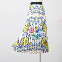 Женская юбка, осень и зима, новинка, с принтом, большая, Свинг, высокая талия, выше колена, цветочный принт, плиссированная юбка, осень