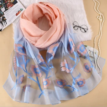 

2020 New Fashion Women Cut Flowers Hollow Lace Gradient Silk Scarf Spring Shawls And Wraps Towel Femme Beach Sjaals