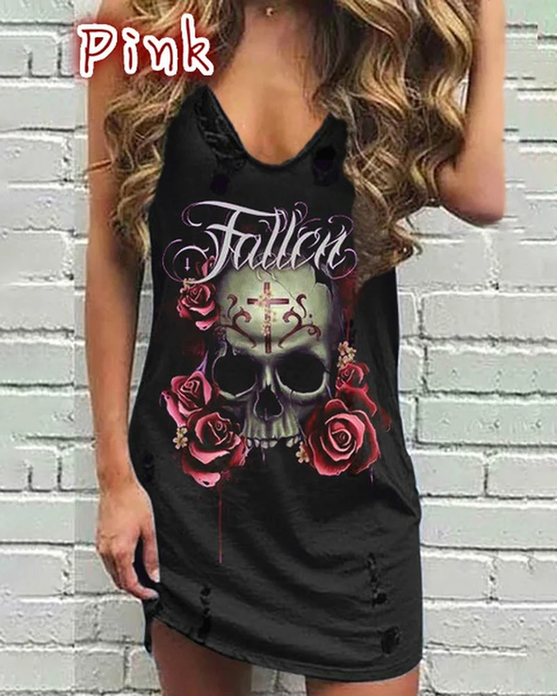 Skull Print Women Sleeveless Shirt Dress Summer Gothic Style Ladies Casual V Neck Loose Short Mini Dresses Tank