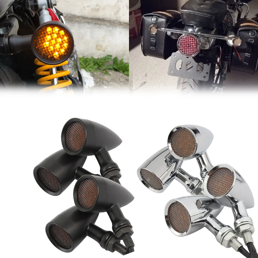 

Black/Chrome Motorcycle Retro Turn Signal Lamp Brake Light Blinker LED For Harley Chopper Bobber Yamaha Honda Cafe Racer Cruiser