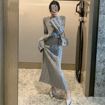 

Lazy style women two piece set dress long vintage twisted cable knit 2 piece knitted set ladies sweater skirt set