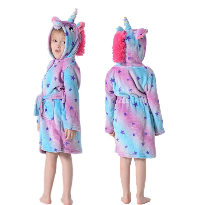 Зимний детский банный халат с рисунками животных; банный халат с единорогом; Милые купальные халаты с капюшоном для детей; фланелевые пижамы для мальчиков и девочек - Цвет: Pegasus purple stars