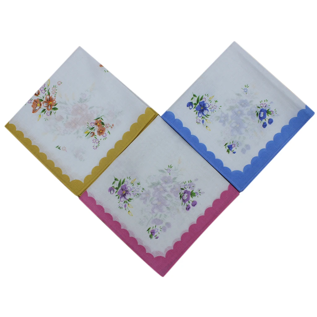 Vintage Set 12 Ladies Handkerchief Hankie Purple Blue Orange Flowers 30x30cm