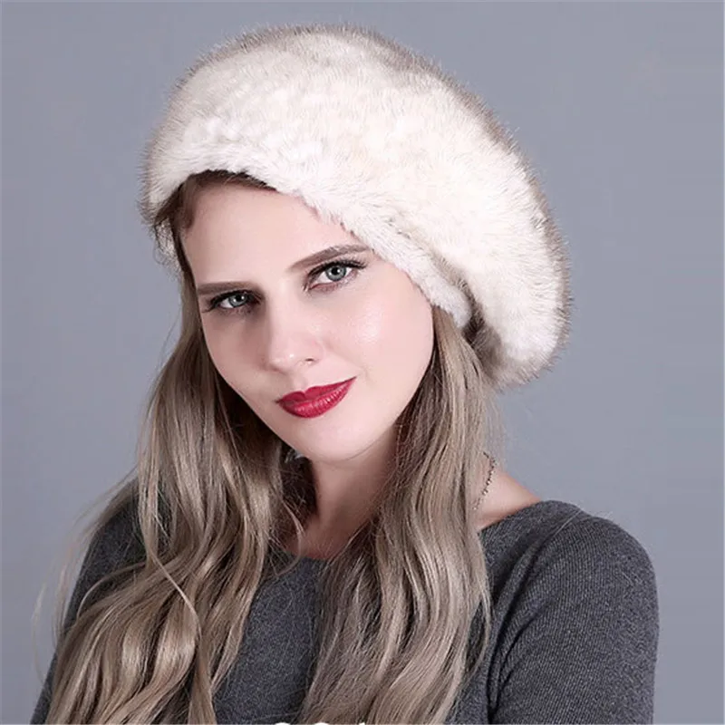 cream color Горячий берет Женская шапка мода для зимы теплые шапки из меха норки сплошной цвет для женщин много цветов на выбор - Цвет: cream color