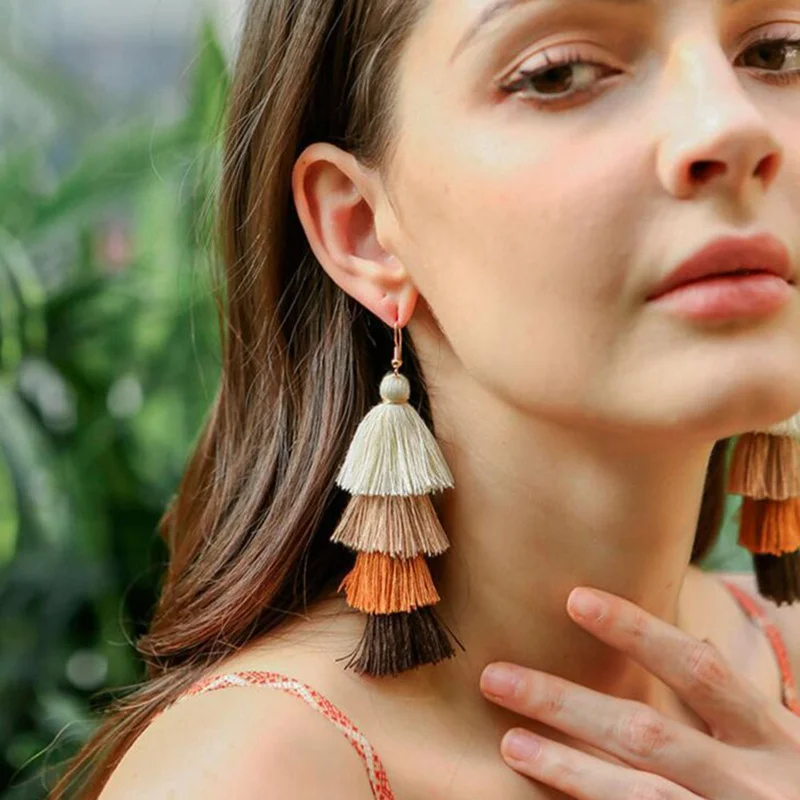 

Boho Long Tassel Dangle Earrings Multi-Layer Colorful Silk Fabric Drop Earring For Women Personality Wedding Statement Jewelry