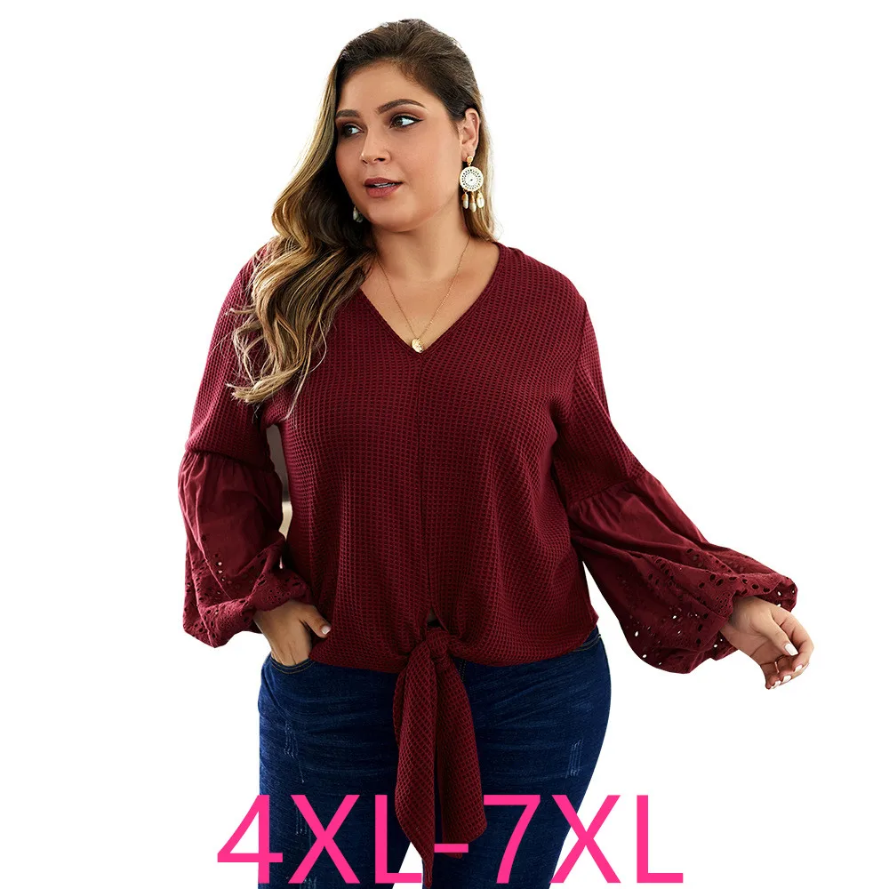 

2019 autumn winter plus size tops for women knit shirt long sleeve loose casual V neck sweater pullover wine red 4XL 5XL 6XL 7XL