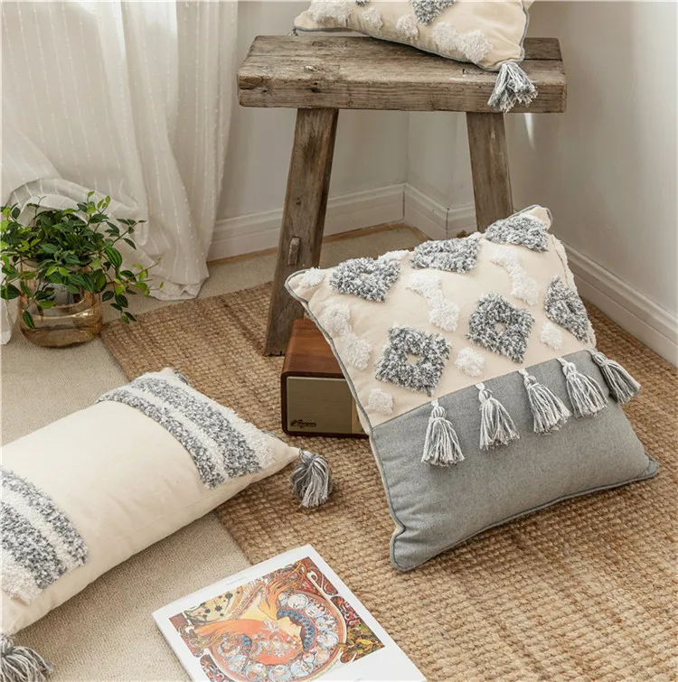 Декоративная наволочка для подушек, геометрический хлопок, ворсистая наволочка с кисточками, вышитые подушки для дивана, кровати, стула, автомобиля