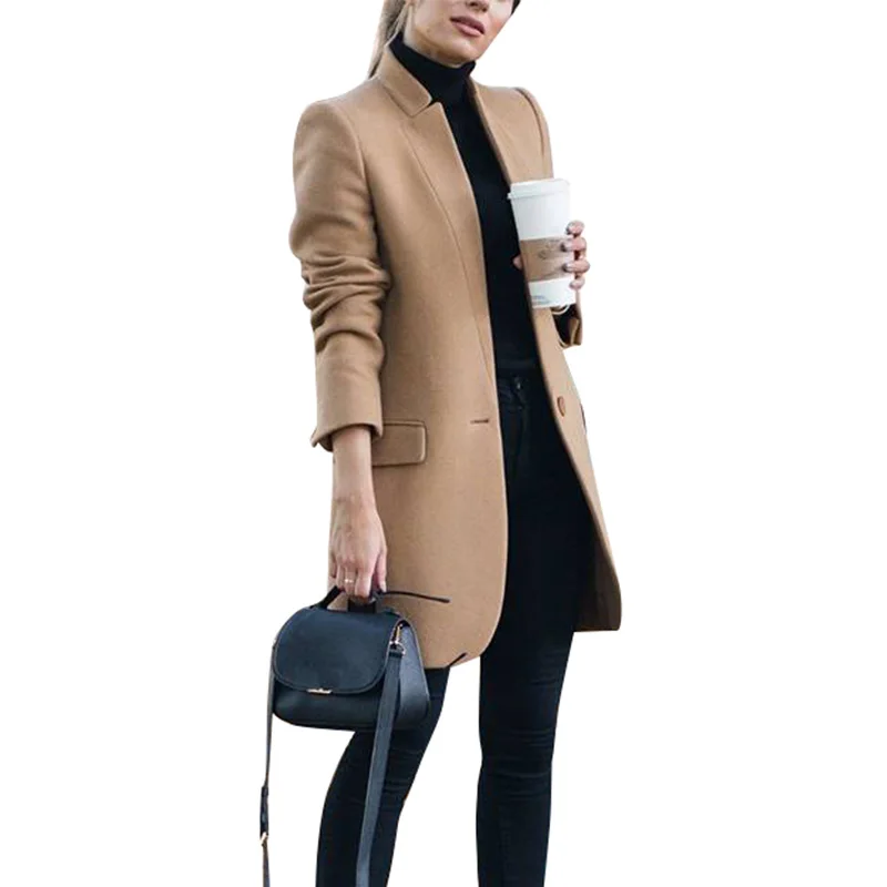 Женское шерстяное пальто, Женское шерстяное пальто средней длины с карманами, осенне-зимнее женское приталенное шерстяное пальто abrigo mujer, женская верхняя одежда D25 - Цвет: Хаки