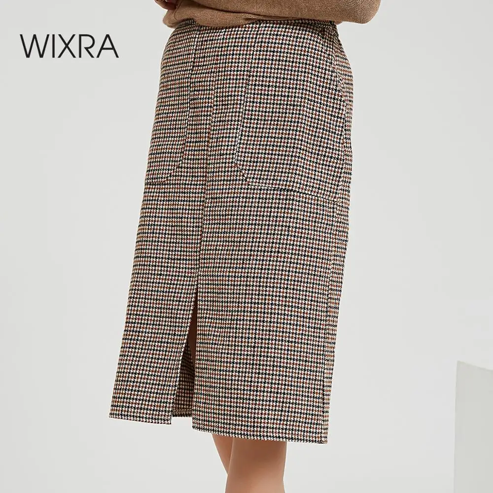

Wixra Women Plaid Skirts High Waist Elegant Split Knee-Length Pockets Straight Skirt For Autumn Winter