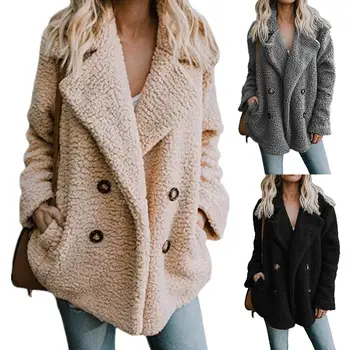 

Fashion Women Coat Jacket Button Lapel Winter Warm Solid Color Coat Fluffy Cotton Padded Jacket Outwear For Women