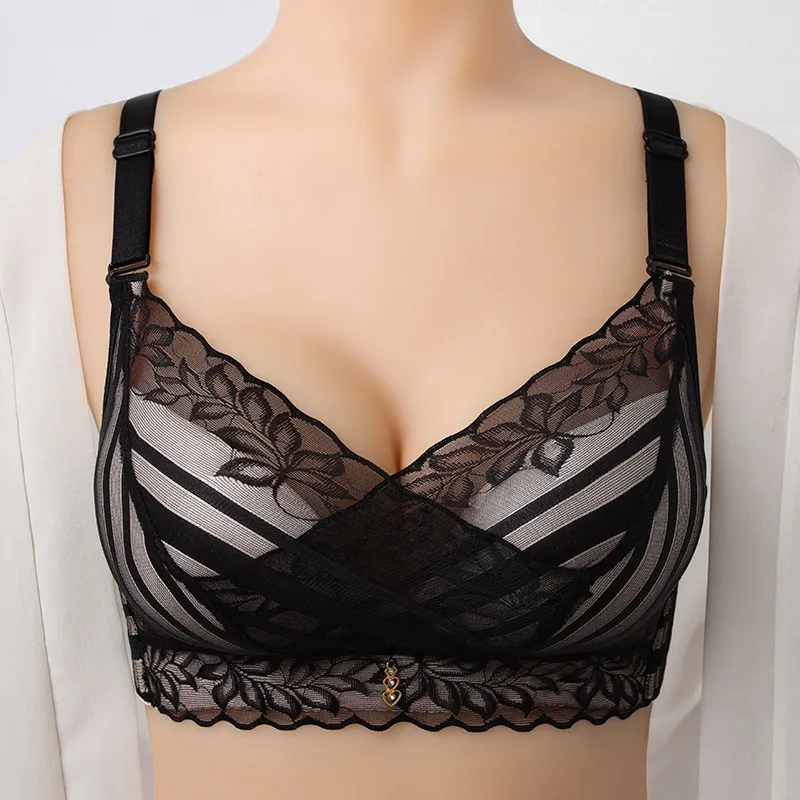 

Seamless Bra Women Lingerie Cross Sexy Bra Anti-light Delicate Lace Ultra-thin Underwear Gathered New Wire Free Solid Bra oioni