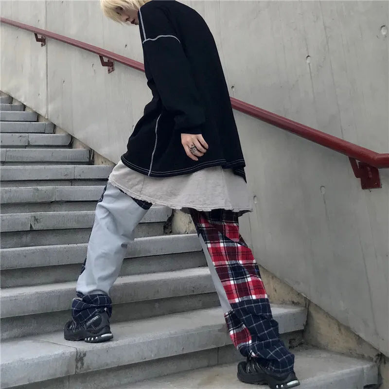 LMCAVASUN Harajuku уличные клетчатые брюки осенние брюки свободные прямые широкие брюки повседневные брюки для мужчин и женщин