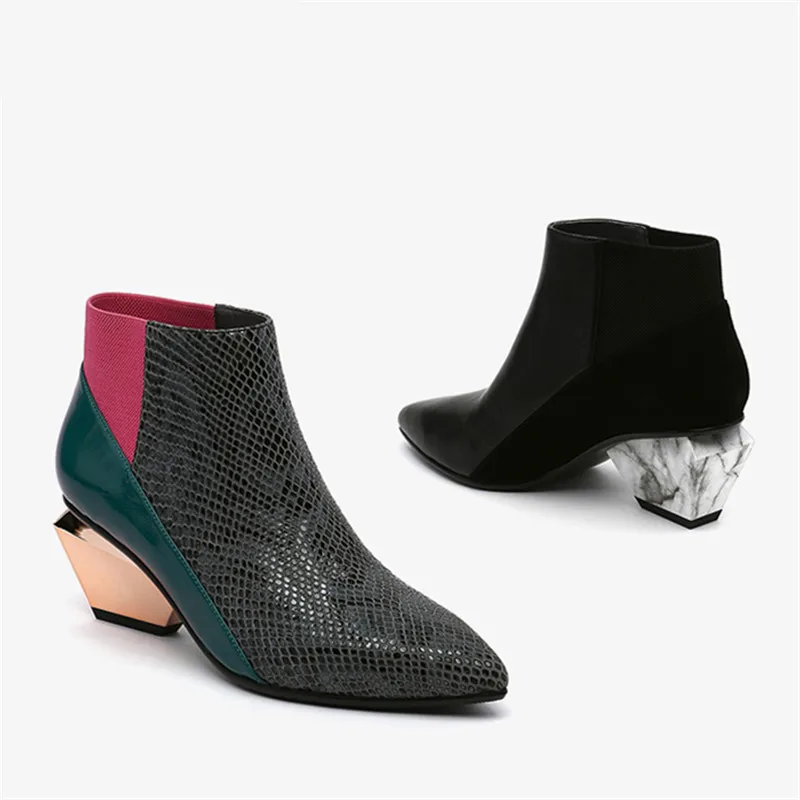 

Jady Rose Strange Heel Chelsea Boots Slip-on Women Ankle Boots Pointed Toe Botas Mujer Ladies Mixed Color Short Booties 6CM Heel