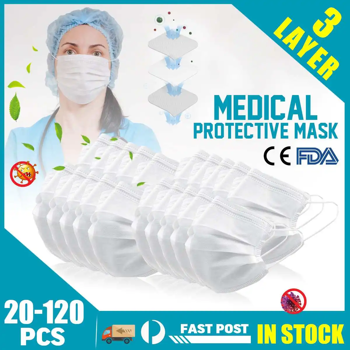 

60pcs 3 Layers Non-woven Face Mask Surgical Dental Bad Smell Bacteria Proof 3-Ply Ear Loop Disposable Face Mouth Mask