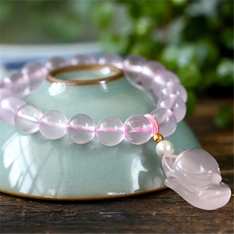 Billige Rosa Rose Quarz Kristall Naturstein Perlen Armband Frau Fuchs Anhänger Armband Armreifen Charme Meditation Healing Schmuck Geschenk