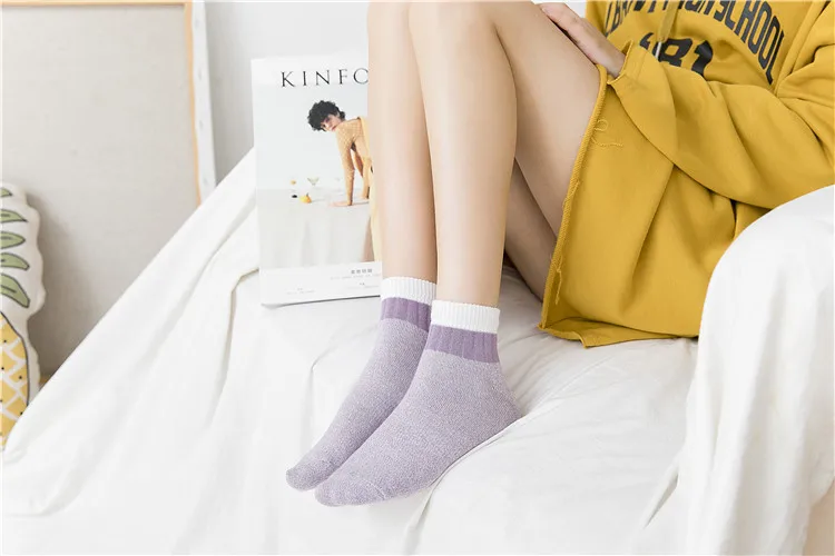 Girls Solid Cotton Marled Ankle Socks White Cuff Women Candy Colors Crew Socks Warm Winter Socks Ladies Short Socks 5 pairs/lot